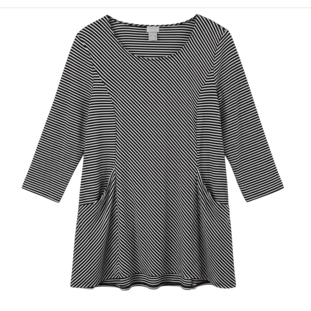 CHICO'S Black & White Diagonal Stripes SOFT KNIT TUNIC TOP w/POCKETS Lagenlook 0